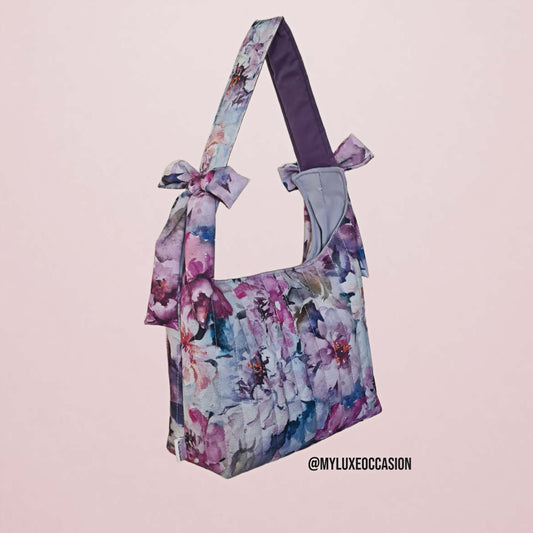 Purple Watercolour Floral Slouchy Bow Bag