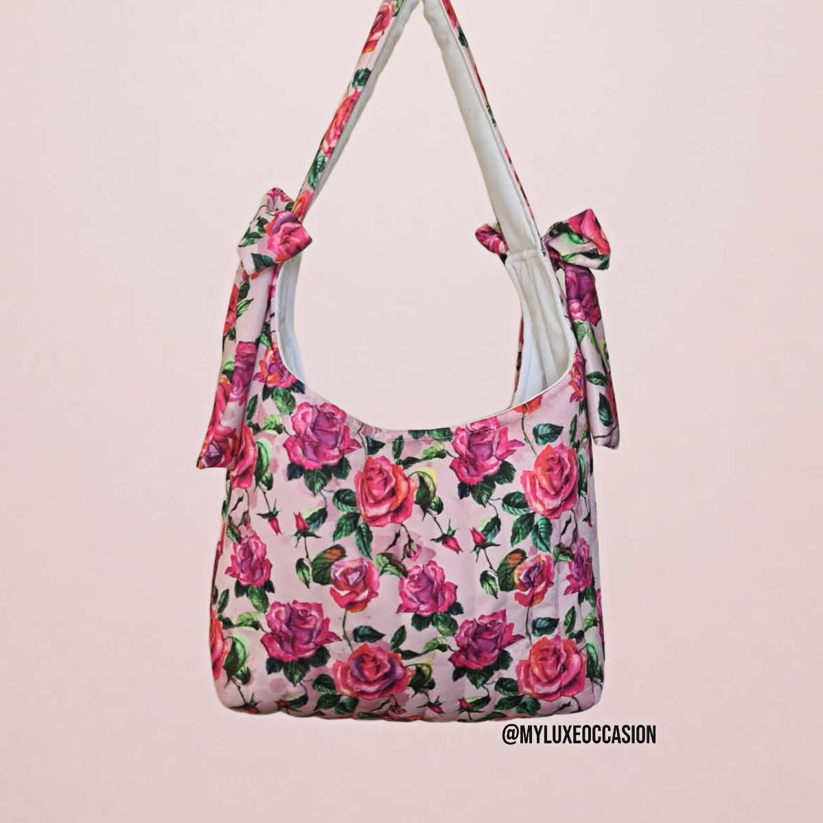 Quilted Slouchy Bow Bag - Pink Roses Shoulder Bag