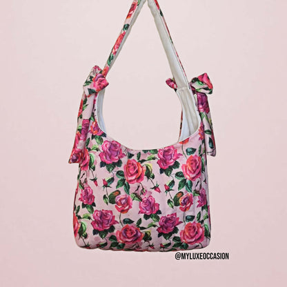 Quilted Slouchy Bow Bag - Pink Roses Shoulder Bag