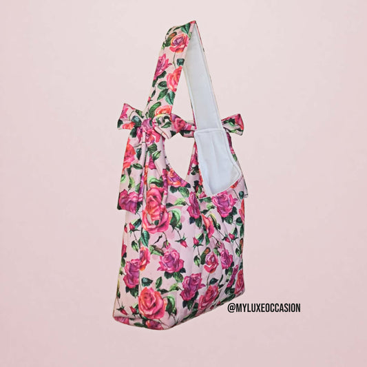Quilted Slouchy Bow Bag - Pink Roses Shoulder Bag