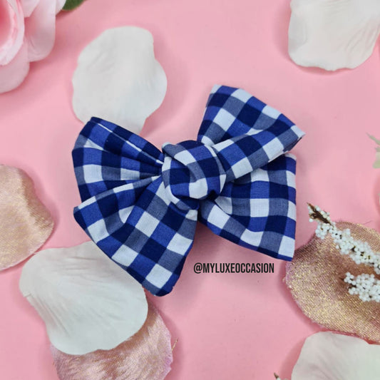 French Navy School Gingham Hair Bow