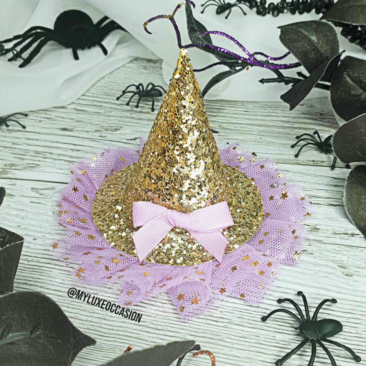 Witch Hat - Gold Glitter with Purple Tulle - Halloween