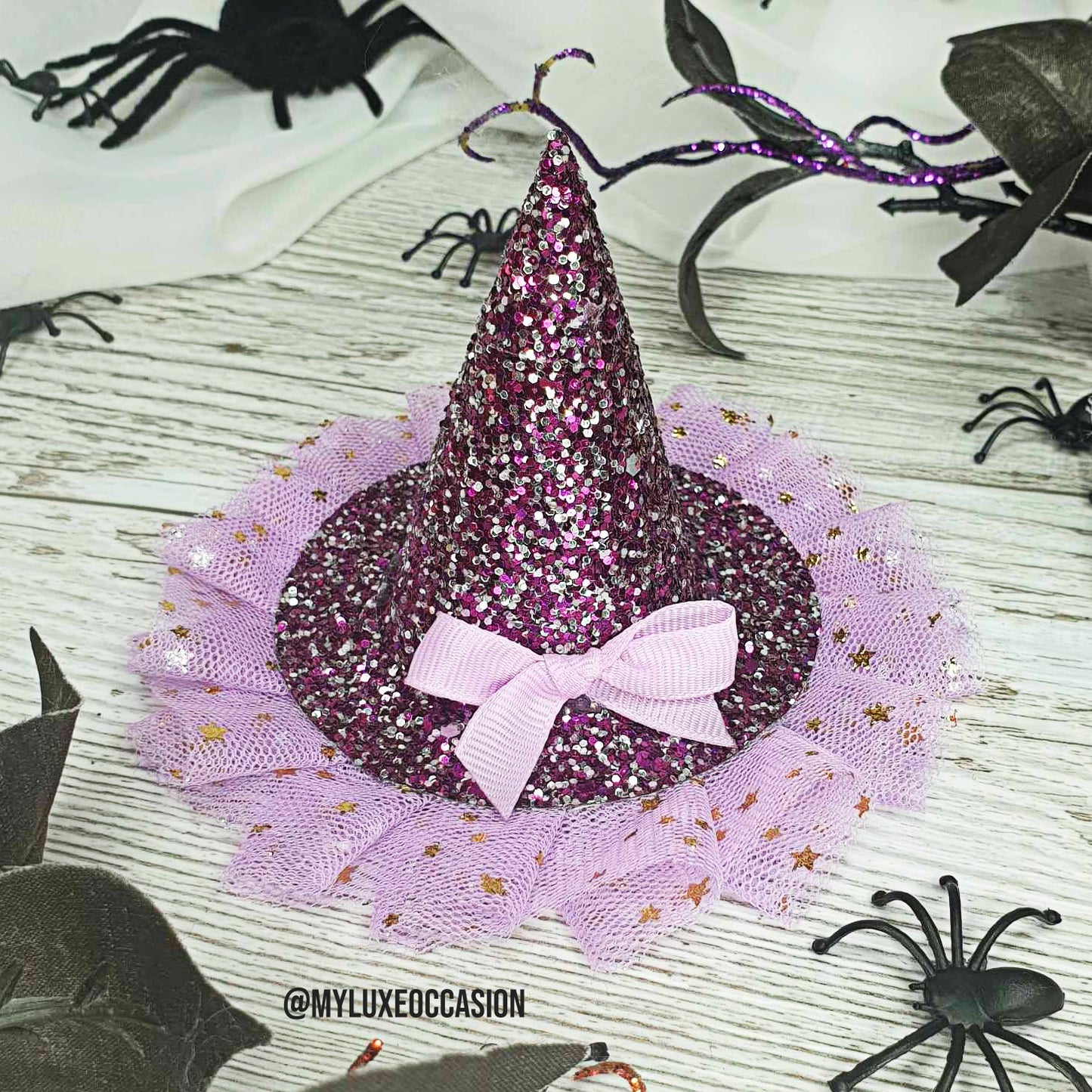 Witch Hat - Purple and Silver Glitter with Purple Tulle - Halloween