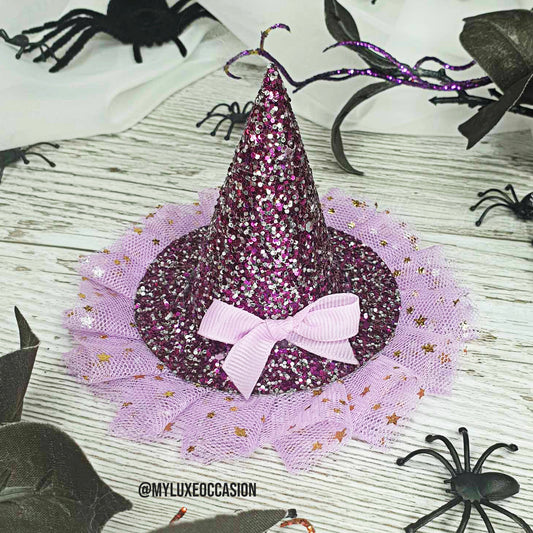Witch Hat - Purple and Silver Glitter with Purple Tulle - Halloween