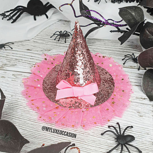 Witch Hat - Pink Glitter with Pink Tulle - Halloween