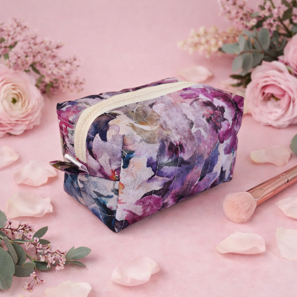Purple Watercolour Floral - Quilted Makeup/ Toiletry Bag