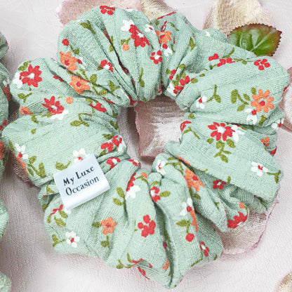  Sage Green Floral Ribbed Scrunchie handmade by MyLuxeOccasion
