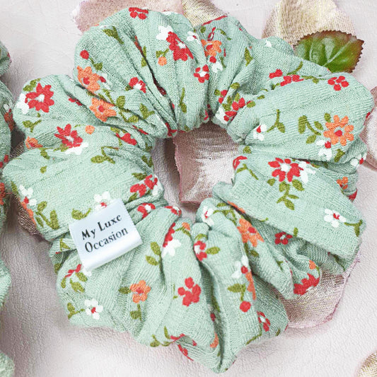  Sage Green Floral Ribbed Scrunchie handmade by MyLuxeOccasion