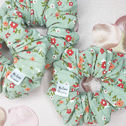  Sage Green Floral Ribbed Scrunchie handmade by MyLuxeOccasion