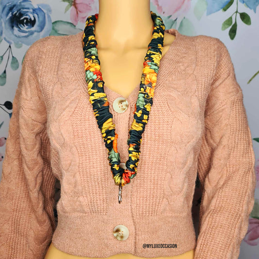 Black Autumnal Pumpkin Floral Scrunchie Lanyard with Safety Clip