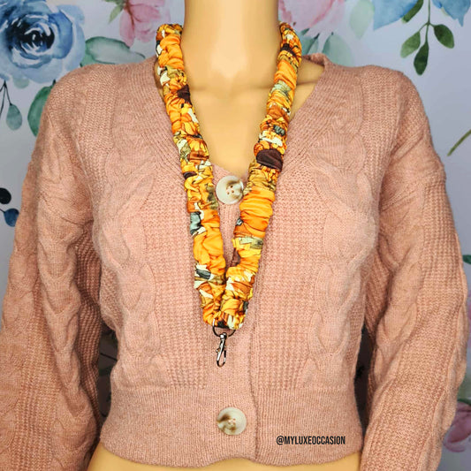 Beige Autumnal Pumpkin Floral Scrunchie Lanyard with Safety Clip